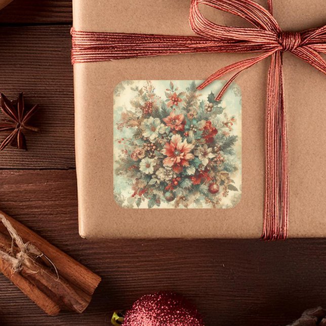 Elegante Vintage Weihnachten Blume Quadratischer Aufkleber (Von Creator hochgeladen)