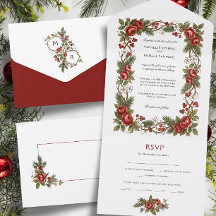 Elegante Vintage-Weihnachts-Winter-Blumen-Rahmen All In One Einladung