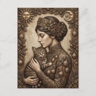 Elegante Vintage-Weihnachtsdame mit Katze Postkarte