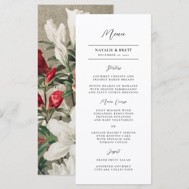 Elegante Vintage Winter Florals Wedding Menükarte (Vorne/Hinten)