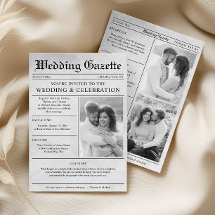 Elegante Vintage-Zeitungsfoto-Hochzeit in einem Einladung