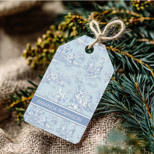 Elegante vintageblaue graue Toile-de-Jouy-Geschenk Geschenkanhänger