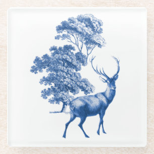 Elegante Vintageblaue Toile-Hirsche im Wald Glasuntersetzer