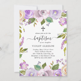 Elegante Violet Lila Blumenkreuz Taufe Einladung