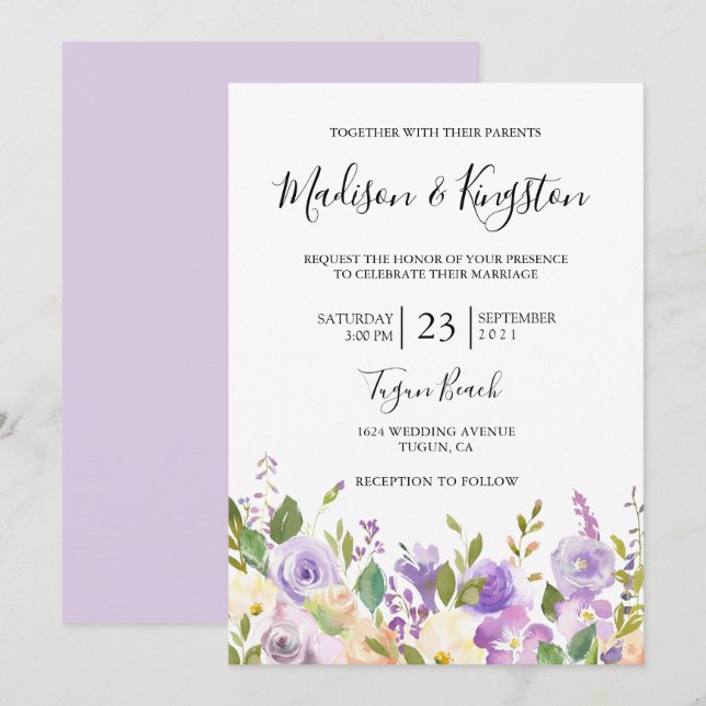 Elegante Violet Lila Champagne Blume Hochzeit Einladung (Vorne/Hinten)