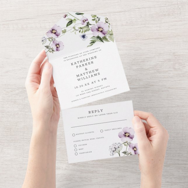 Elegante Violet Pansy Blumenwasser Hochzeit All In One Einladung (Abreißen)