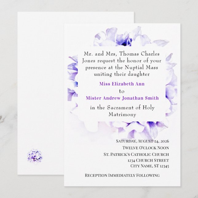 Elegante Violets katholische Einladung zur Hochzei (Vorne/Hinten)