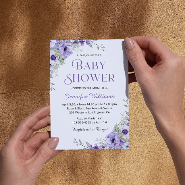 elegante violette Aquarellblumen, schicke Babydusc Einladung (Von Creator hochgeladen)