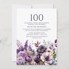 Elegante violette Blumen 100. Geburtstag Einladung