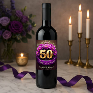 Elegante violette Blumen 50. Hochzeitstag Weinetikett