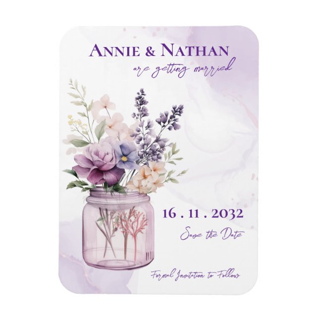 Elegante violette Blumen in Mason Jar Blumenzehen Magnet (Vertikal)