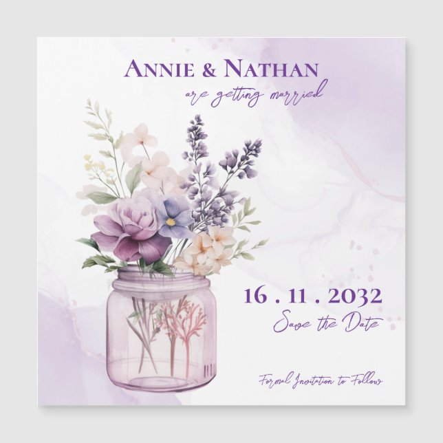 Elegante violette Blumen in Mason Jar Blumenzehen Magnetkarte (Vorderseite)