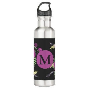 Elegante violette Blumen Kunst am Schwarzen Monogr Edelstahlflasche