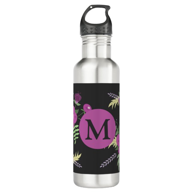 Elegante violette Blumen Kunst am Schwarzen Monogr Edelstahlflasche (Vorderseite)