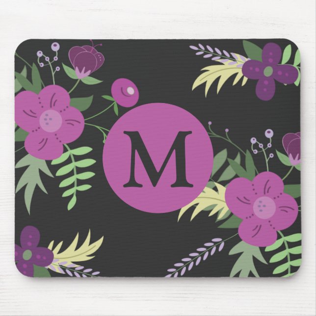 Elegante violette Blumen Kunst am Schwarzen Monogr Mousepad (Vorne)