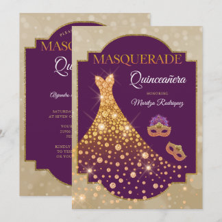 Elegante Violette Gold-Diamant-Quinceañera-Masquer Einladung
