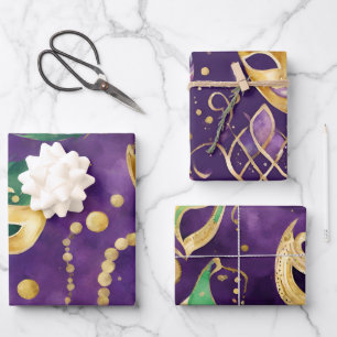 Elegante violette, grüne und goldene Masken Mardi Geschenkpapier Set