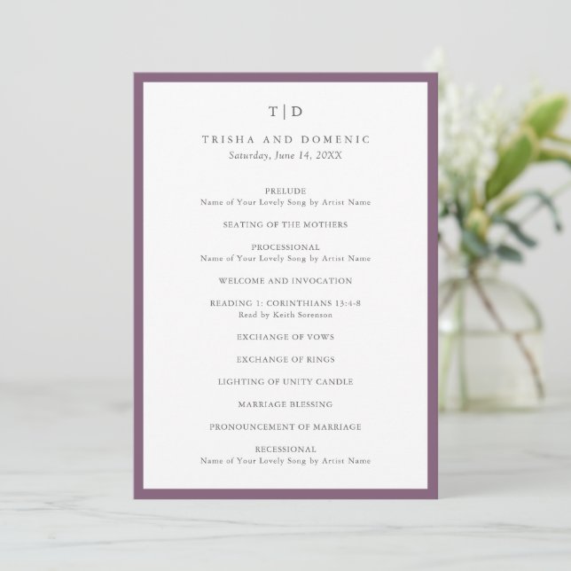 Elegante violette Monogramm-Moderne Hochzeit Programm (Stehend Vorderseite)