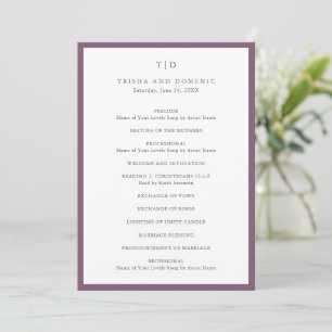 Elegante violette Monogramm-Moderne Hochzeit Programm