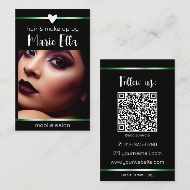 Elegante Vorlage für den QR-Foto in schwarz grünen Visitenkarte (Vorne/Hinten)