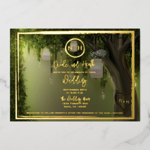 Elegante Wald-Blumen-Glaslaternen Hochzeit Gold Folieneinladung