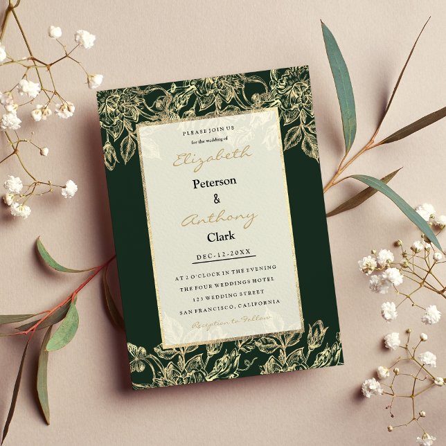 Elegante waldgrüne goldene Luxusblumenhochzeit Einladung (Elegant forest green gold luxury floral Wedding )