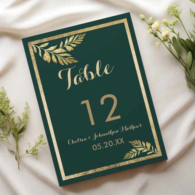 Elegante waldgrüne goldene Tischnummern (Elegant forest green golden leaf Table Numbers)
