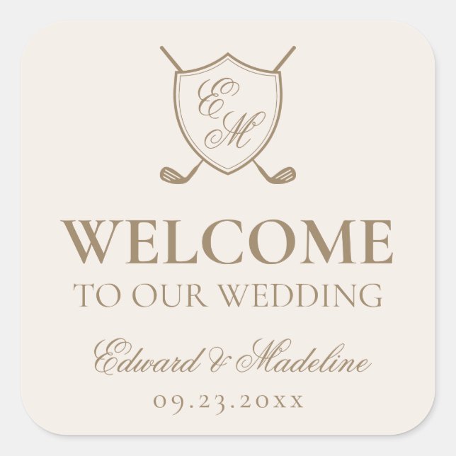 Elegante Wappen Monogram Golf Wedding Welcome Bag Quadratischer Aufkleber (Vorderseite)