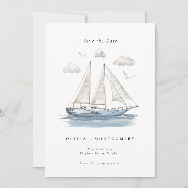 Elegante Wassercolour Segelyacht Save the Date Einladung (Vorderseite)