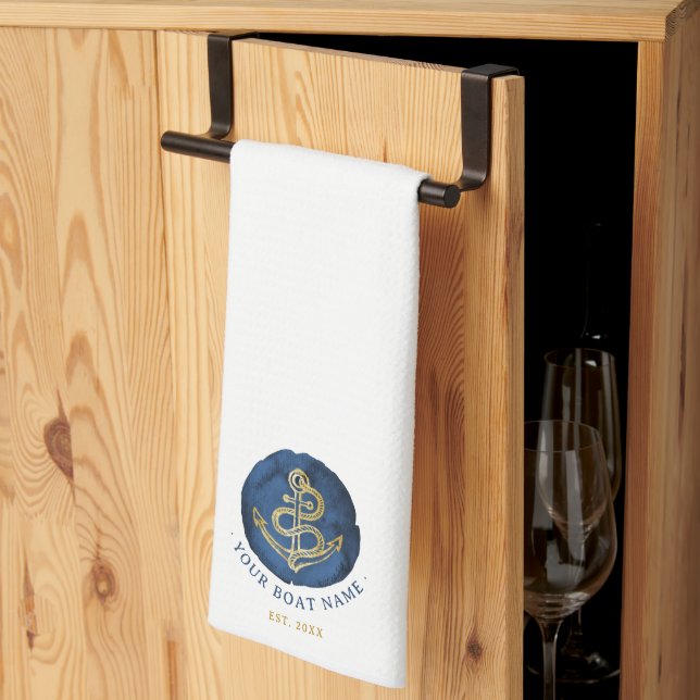 Elegante Wasserfarbe Anchor Nautical Name Navy Bla Geschirrtuch (Drittel gefaltet)