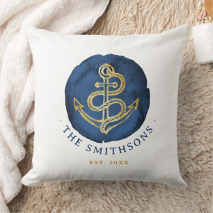 Elegante Wasserfarbe Anchor Nautical Name Navy Bla Kissen