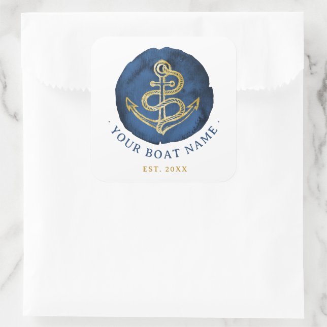Elegante Wasserfarbe Anchor Nautical Name Navy Bla Quadratischer Aufkleber (Tasche)