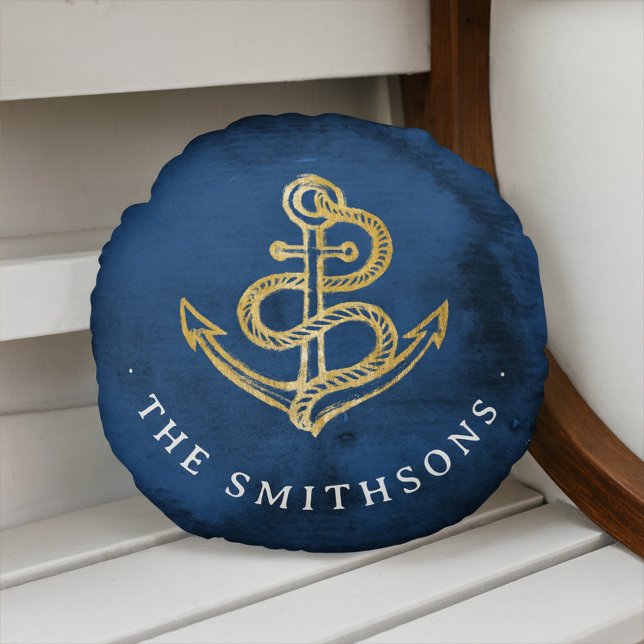 Elegante Wasserfarbe Anchor Nautical Name Navy Bla Rundes Kissen (Von Creator hochgeladen)