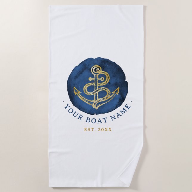 Elegante Wasserfarbe Anchor Nautical Name Navy Bla Strandtuch (Vorderseite)
