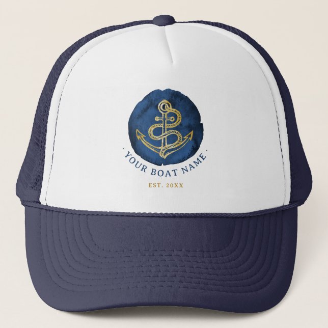 Elegante Wasserfarbe Anchor Nautical Name Navy Bla Truckerkappe (Vorderseite)