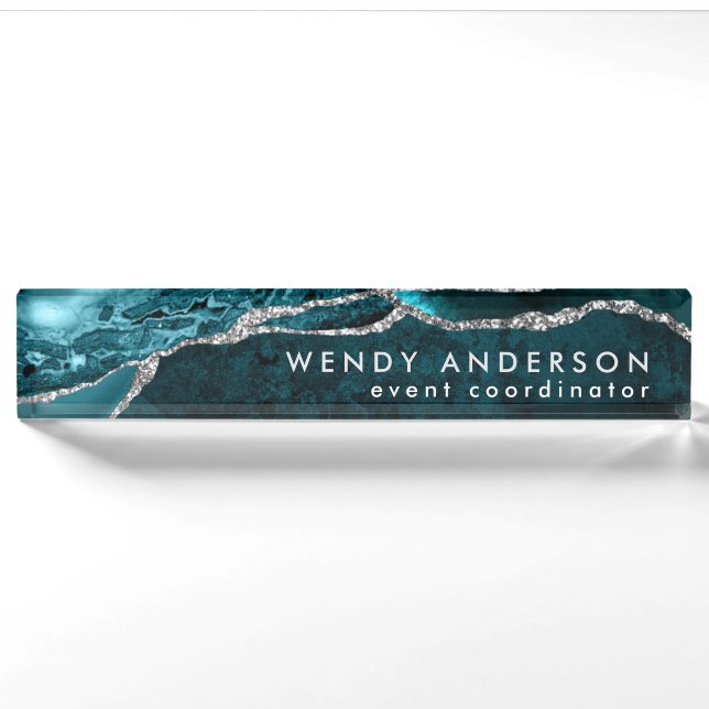 Elegante Wasserfarbe Aquamarin Silber Glitzer Agat Namensplakette (Vorderseite)