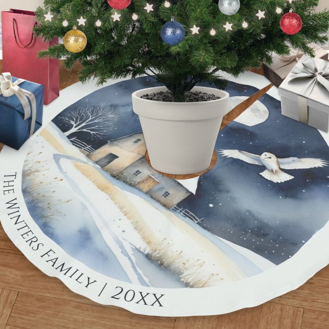 Elegante Wasserfarbe Barn Owl Schneeszene Weihnach Polyester Weihnachtsbaumdecke (A personalized Christmas tree skirt, with picture of a barn owl on a snowy winter night)