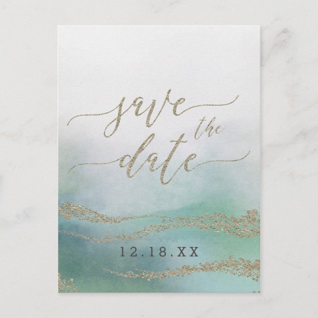 Elegante Wasserfarbe bei Hochzeiten im Ozean Save  Ankündigungspostkarte (Vorderseite)