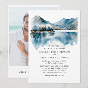 Elegante Wasserfarbe Berge Wald Hochzeitsfoto Einladung
