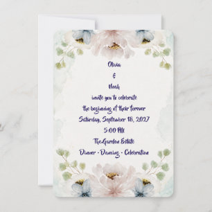 Elegante Wasserfarbe Blaue Blumige Hochzeitseinlad Einladung