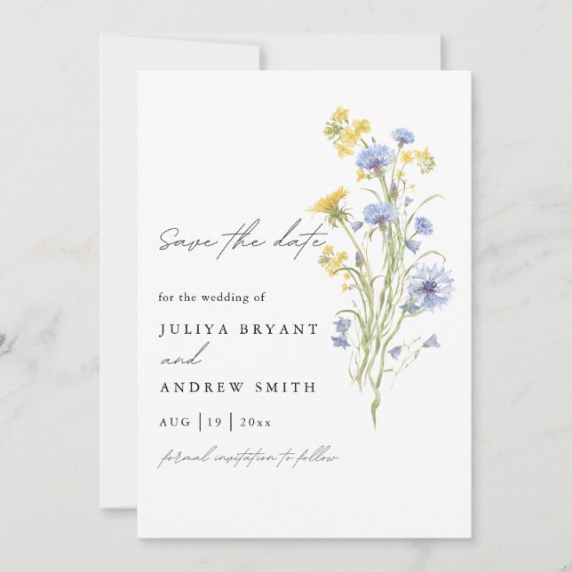 Elegante Wasserfarbe blaue Wildblume Save The Date (Vorderseite)