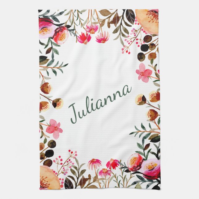 Elegante Wasserfarbe Blumengrün Personalisiert Geschirrtuch (Vertikal)