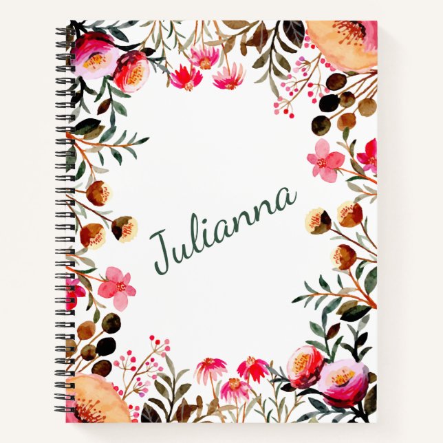 Elegante Wasserfarbe Blumengrün Personalisiert Notizbuch (Vorderseite)
