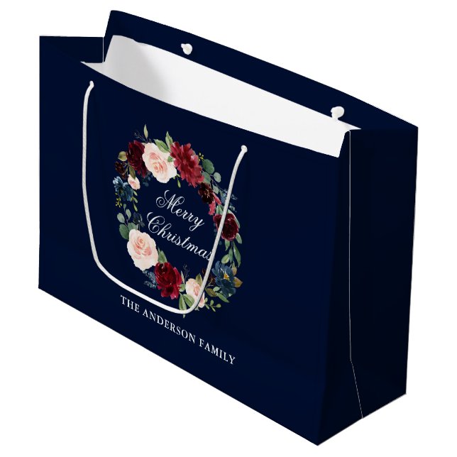 Elegante Wasserfarbe Blumenreath Frohe Weihnachten Große Geschenktüte (Vorderseite Schrägansicht)