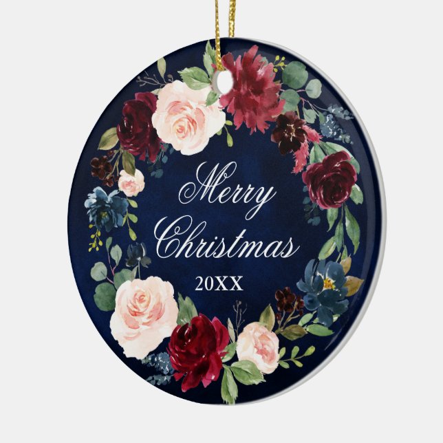 Elegante Wasserfarbe Blumenreath Frohe Weihnachten Keramik Ornament (Links)