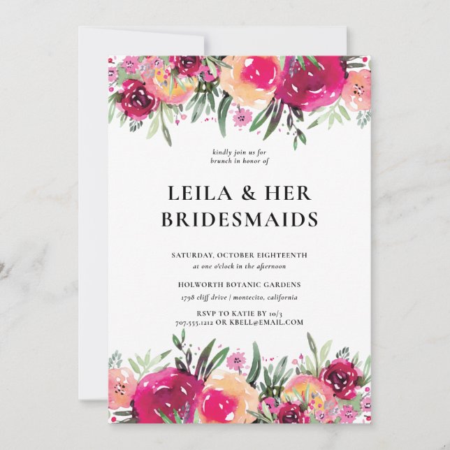 Elegante Wasserfarbe Blumenrosa Bridesmaids Brunch Einladung (Vorderseite)