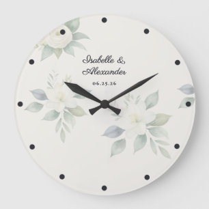 Elegante Wasserfarbe Blumige Hochzeit Personalisie Große Wanduhr