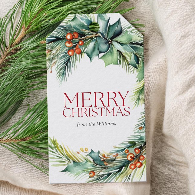 Elegante Wasserfarbe Botanische Frohe Weihnachten Geschenkanhänger (Von Creator hochgeladen)