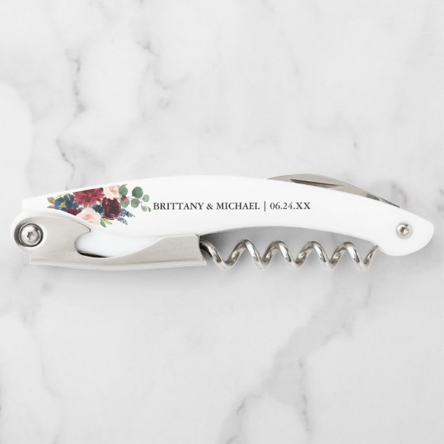 Elegante Wasserfarbe Burgund Blauer Blumenzwiebeln Kellnermesser (Vorderseite)