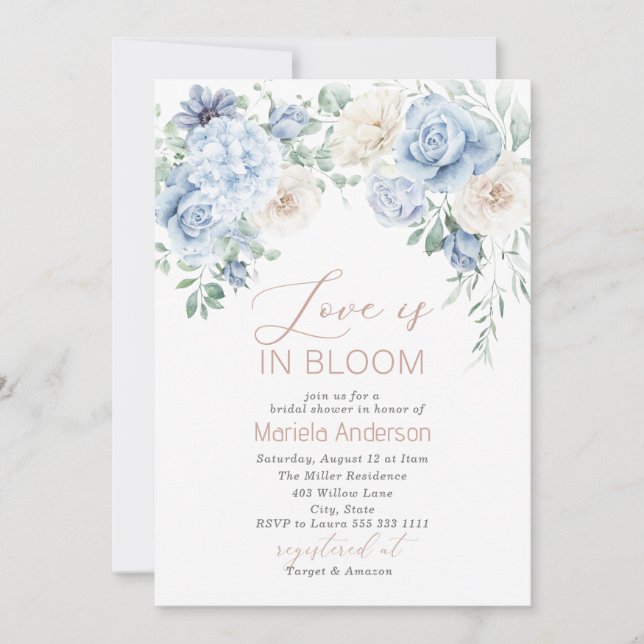 Elegante Wasserfarbe Dusty Blue Blumen Bridal Show Einladung (Vorderseite)